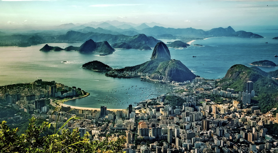 Aerial panorama and Sugar Loaf Mountain, Rio De Janeiro, Brazil. Vintage colors