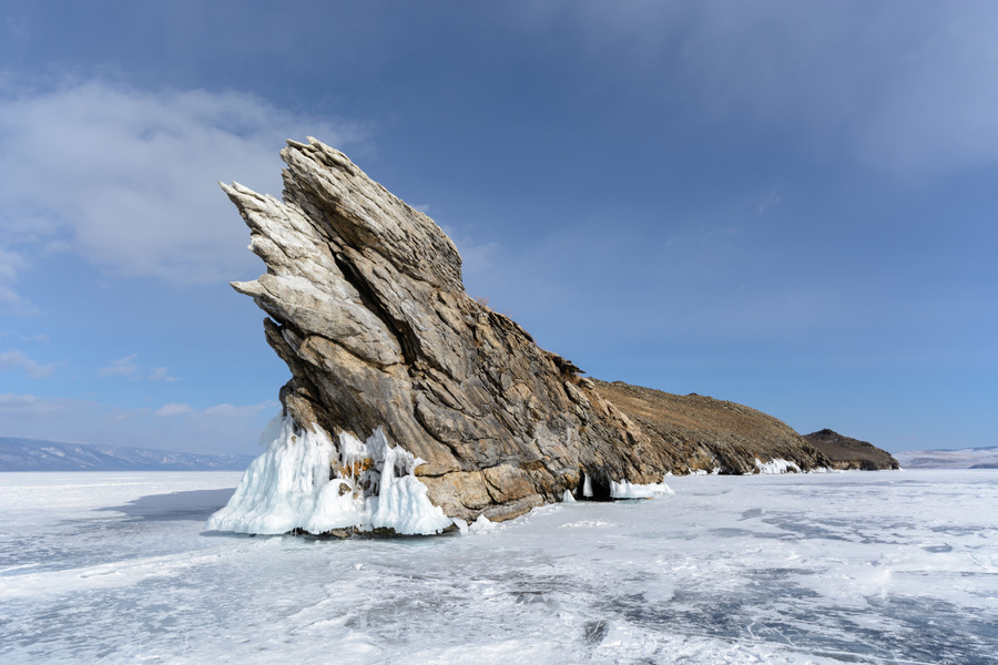 Landscape of winter lake Baikal. Island Ogoy.