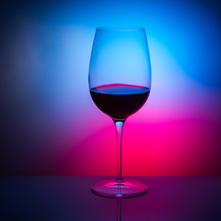 wine glass, empty, sloping, with cracks, transparent, gradient background red and blue