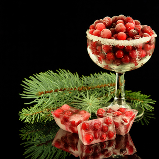 Frozen cranberry in a glass and a branch of natural blue fir on the black reflective background. Festive art design.