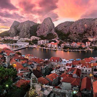 Aerial View of Omis and Cetina River Gorge at Sunset, Dalmatia, Croatia