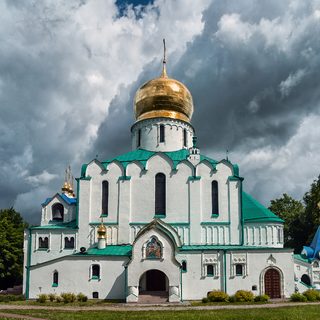 The white building of Fedorov's Cathedral in Tsarskoe Selo in St. Petersburg is illuminated by sunlight