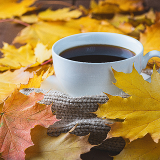 Autumn, fall leaves, hot cup of coffee and a warm scarf on wooden table background.