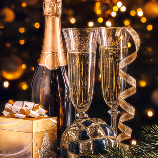 New Year composition. Bottle of champagne with decoration in front of Christmas tree