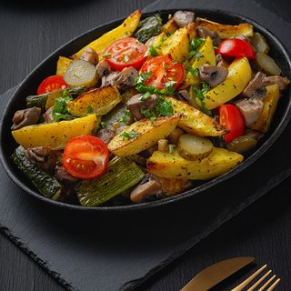 Hot vegetable salad in a plate on a wooden table.