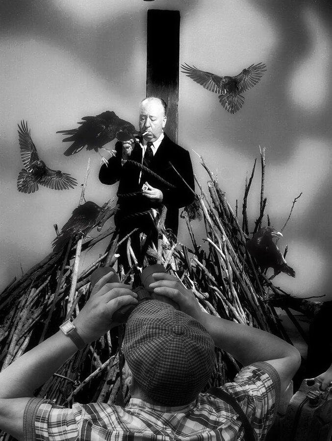 оммаж ,,Кинорежиссёр Хичкок и благодарный зритель, наблюдающий акт творческого самосожжения" с фотопортретом Хичкока фотографа Альберта Уотсона