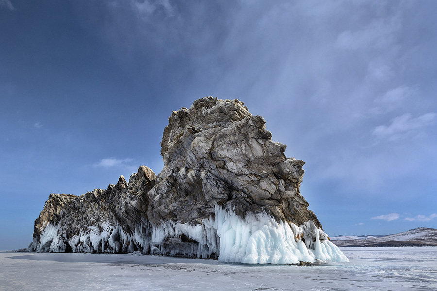 Landscape of winter lake Baikal. Island Ogoy.