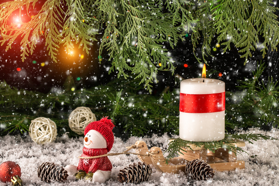 Christmas Composition with Gifts and snowflakes on Wooden Table