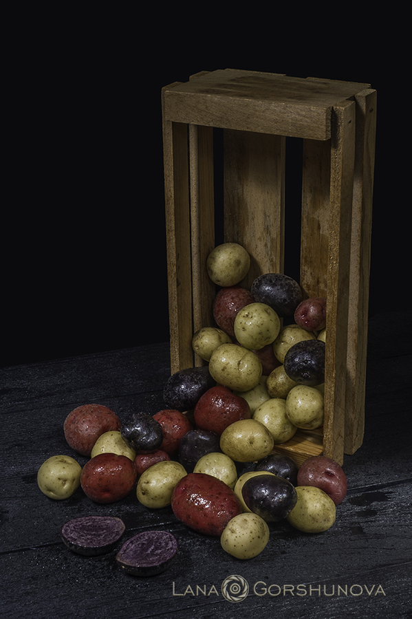 Colored baby potatoes, black wood background, space for text cm
