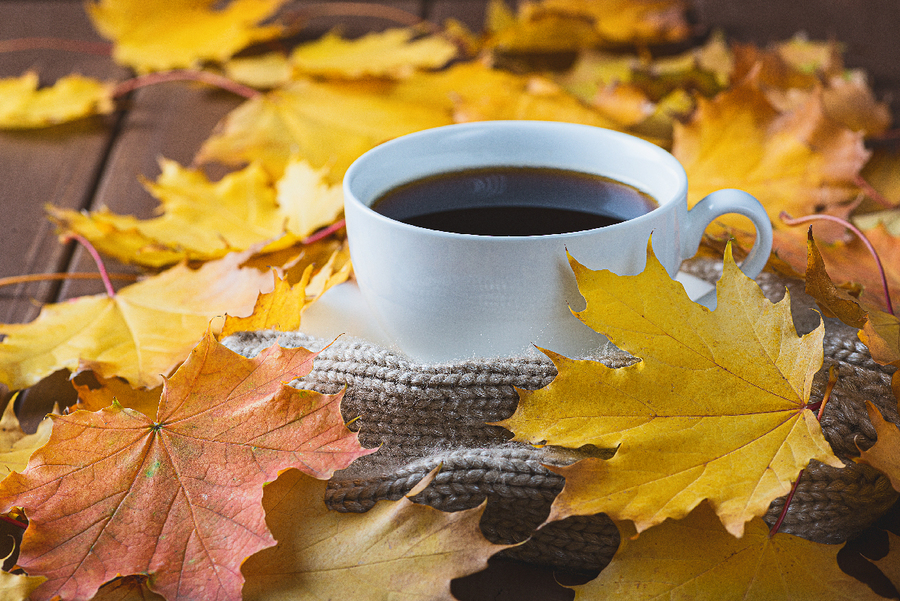 Autumn, fall leaves, hot cup of coffee and a warm scarf on wooden table background.